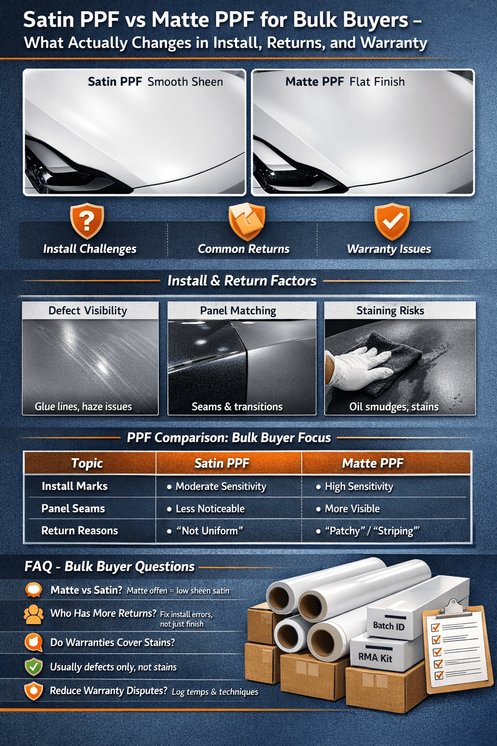 Satin PPF vs Matte PPF for Bulk Buyers – What Actually Changes in Install, Returns, and Warranty